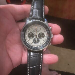 New Breitling Silver Dial Chronograph Watch with Black Leather Strap